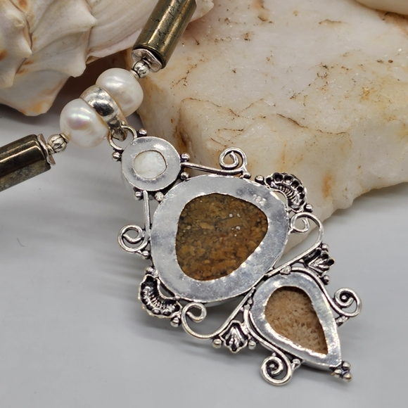 Genuine Stones Natural Pearl/Jasper/Coral Fossil Silver Pendant Necklace - Picture 9 of 11